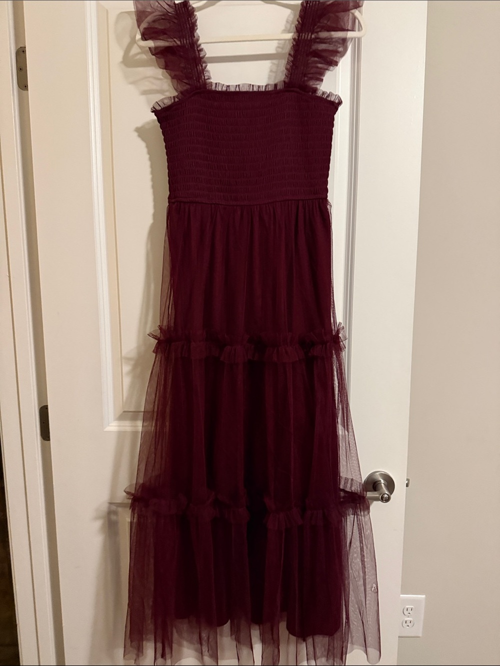 Altar'd State Burgundy Tulle Ruffle Maxi Dress